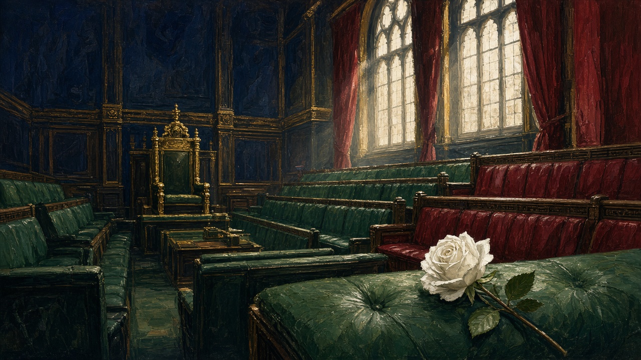 The green benches of the House of Commons chamber at Westminster seen from the central aisle before a free vote
