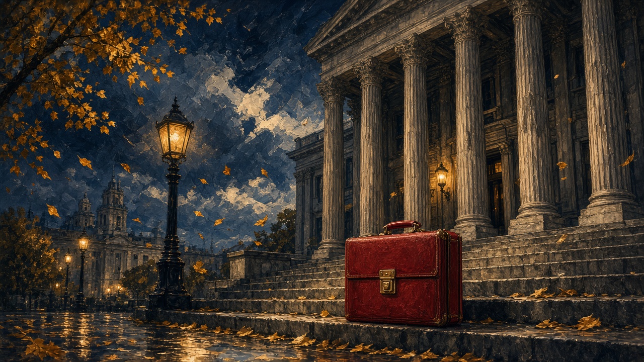 Illustration of the Treasury in autumn with a red briefcase