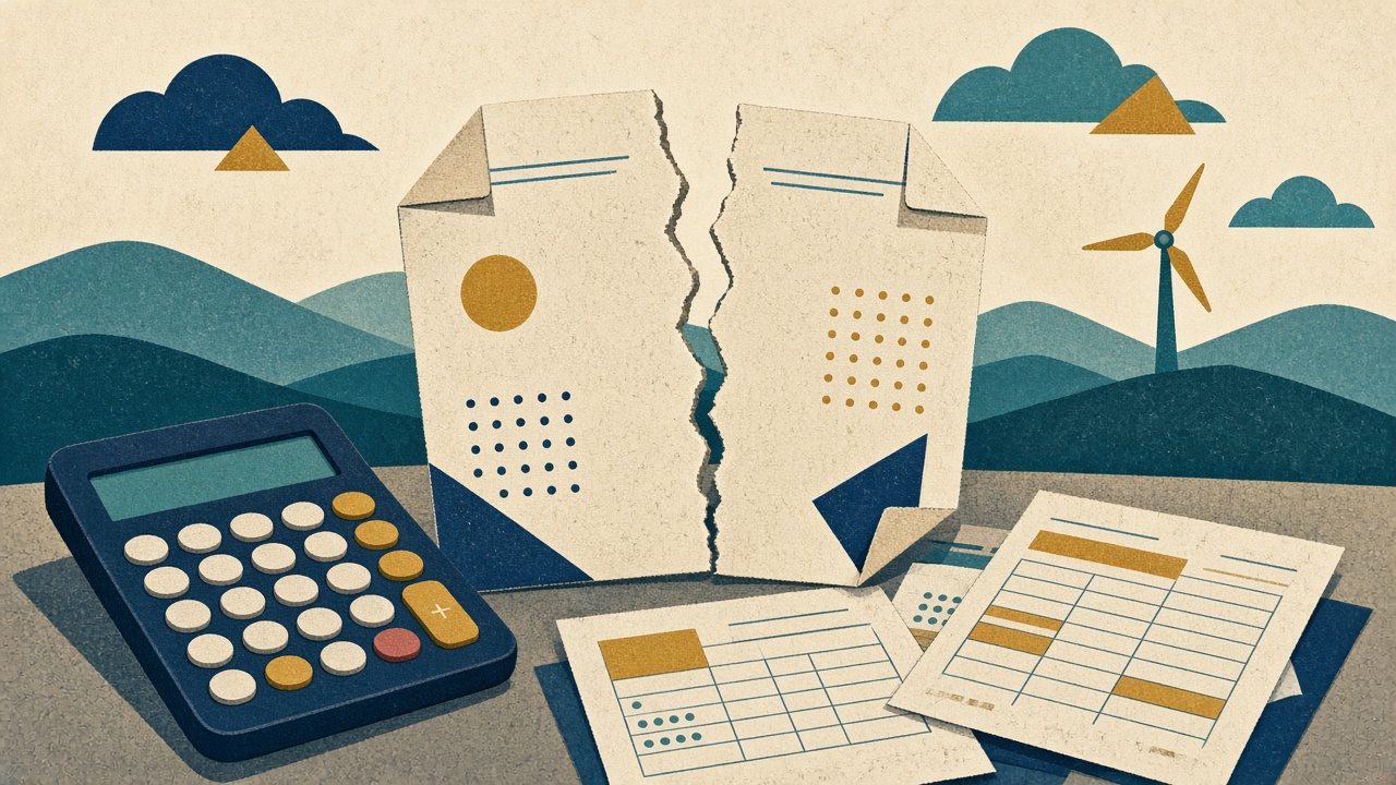 Illustration of a torn policy document and a calculator beside a wind turbine