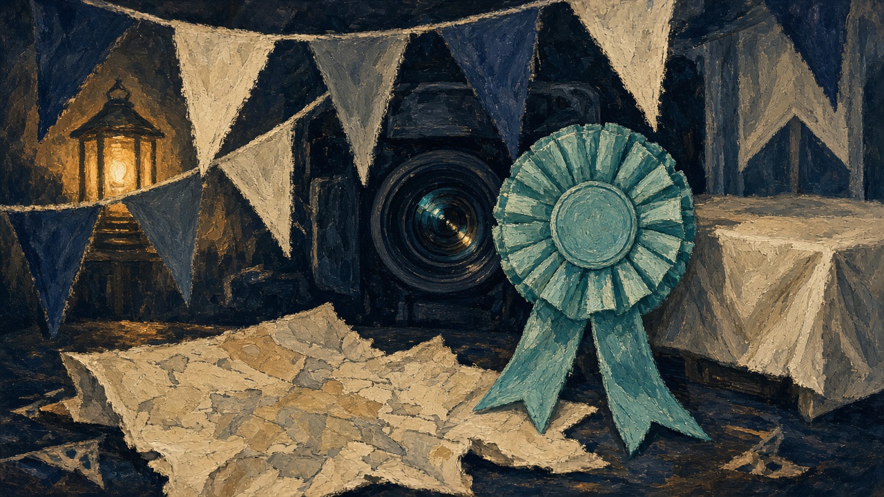Editorial illustration of a hidden camera lens peering over a turquoise rosette at a village fete, bunting and stalls in the background