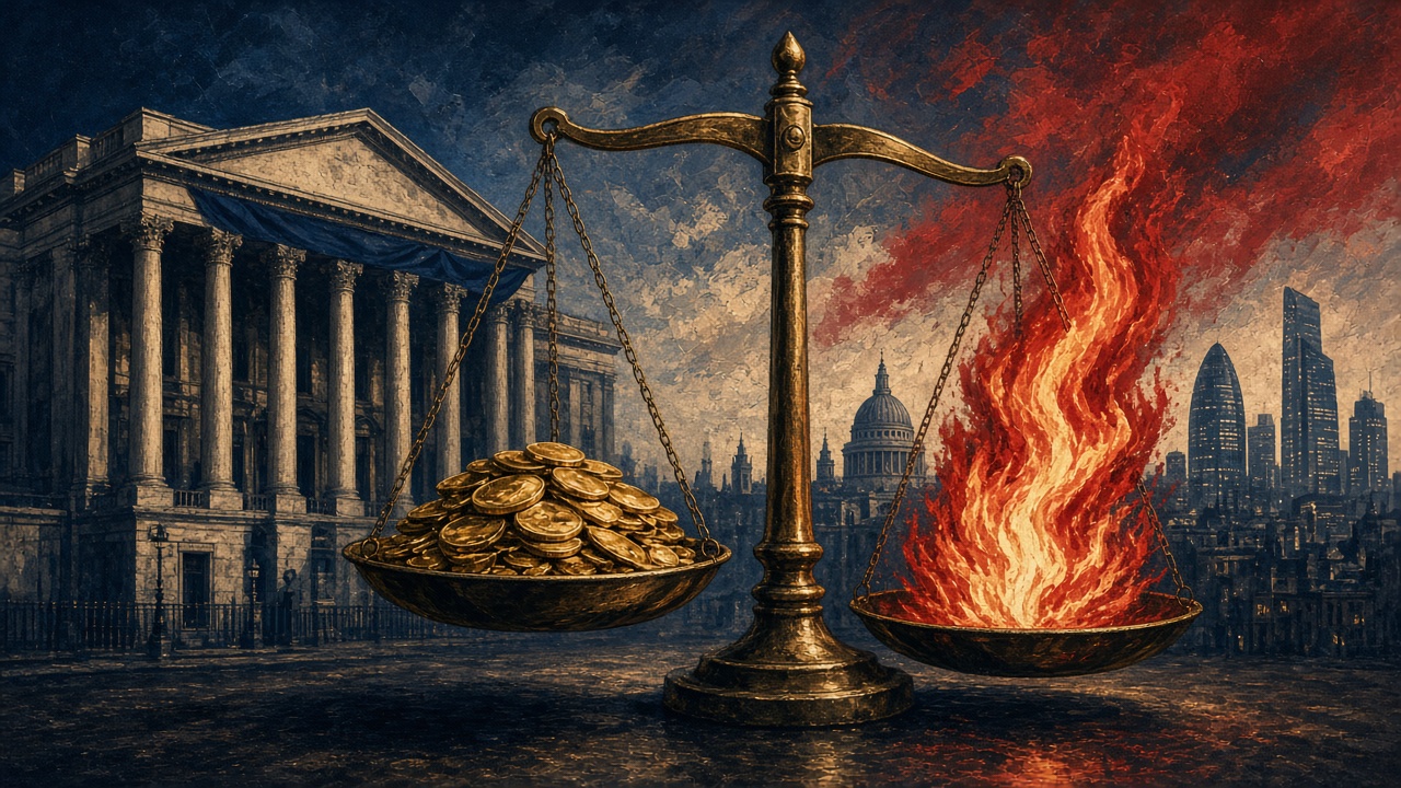 Illustration of the Bank of England with a balance scale