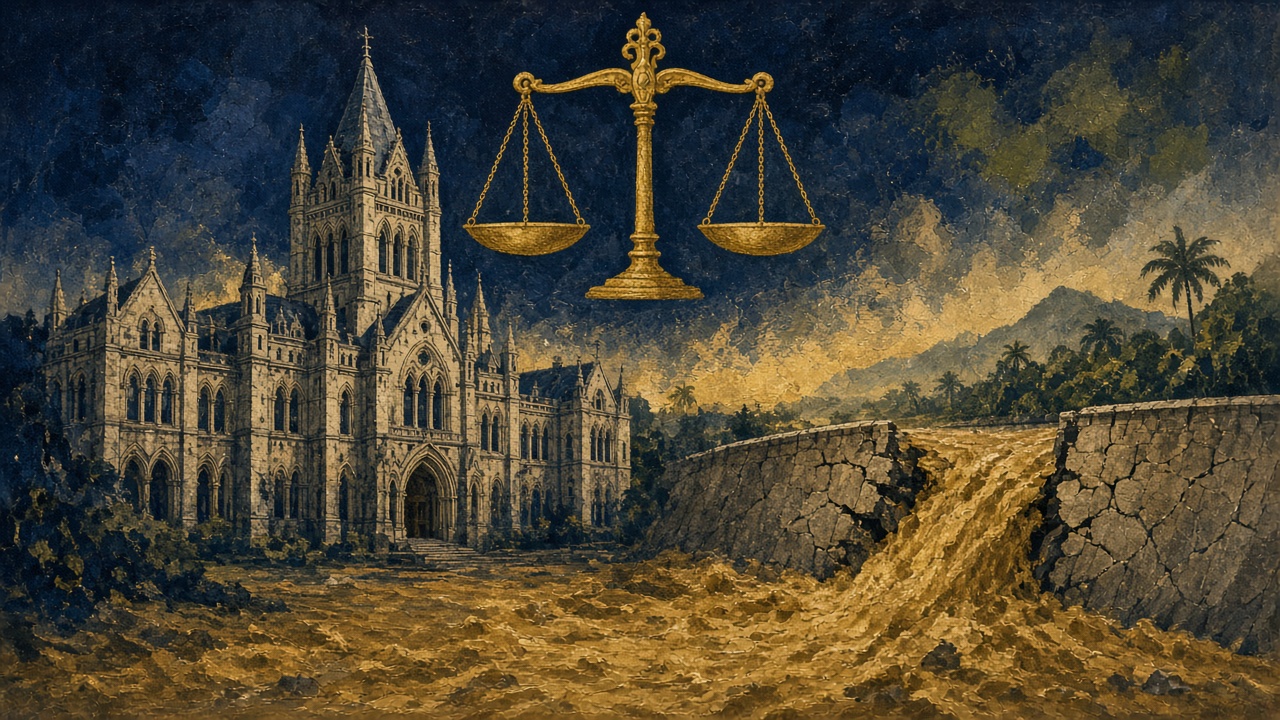 Editorial illustration of the Royal Courts of Justice with a cracked dam wall behind it and a river of ochre mud flowing through a valley