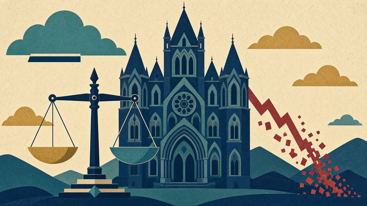 Illustration of the Royal Courts of Justice with a falling financial chart line dissolving