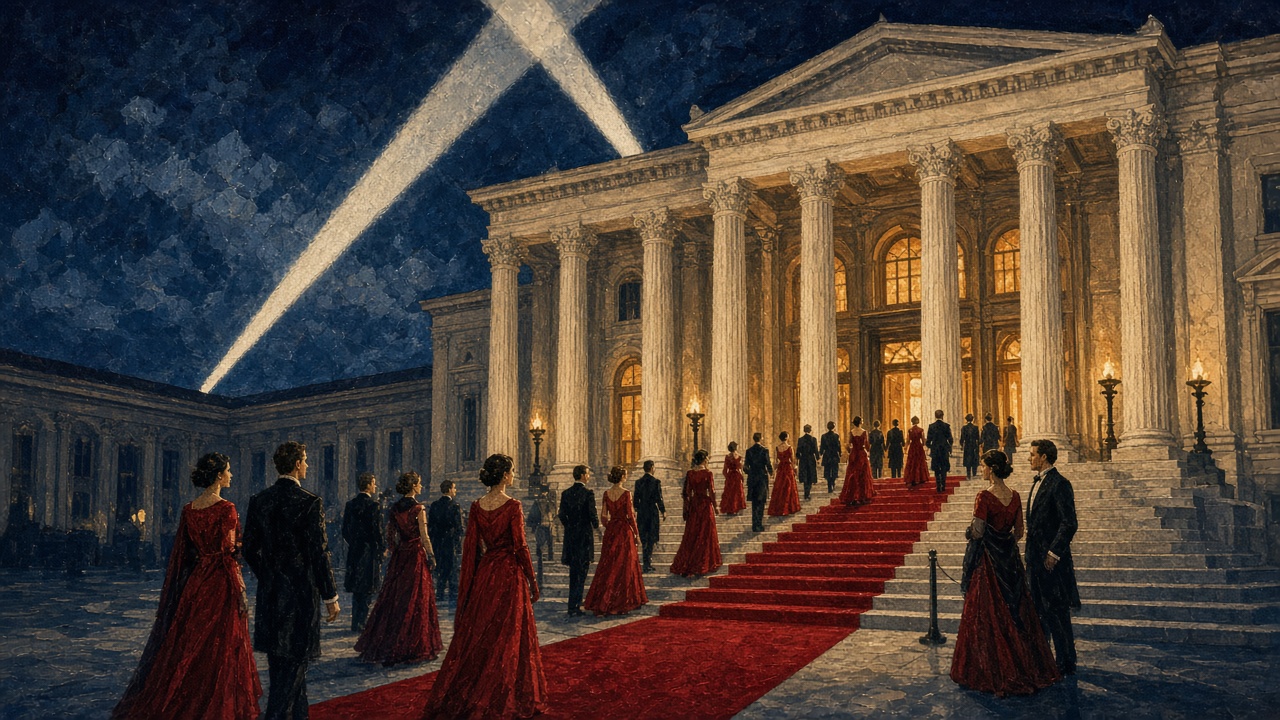Editorial illustration of the British Museum's columned facade at night with a crimson carpet up the steps, guests in red gowns and tuxedos, and searchlight beams crossing the sky