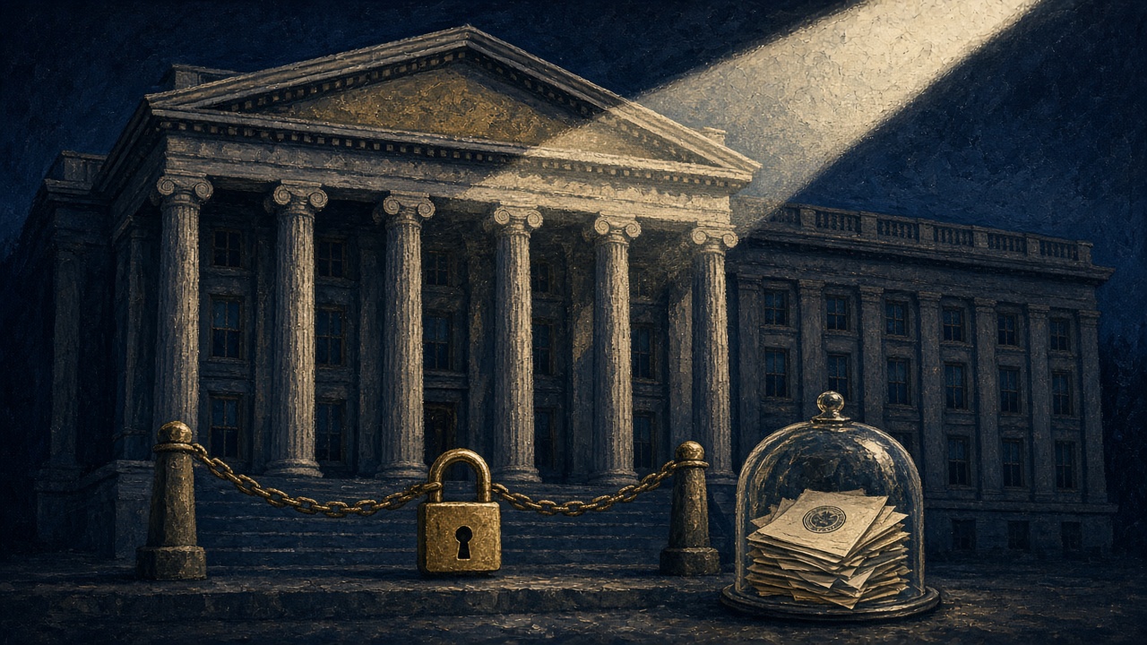 Editorial illustration of the Treasury building at night with its entrance secured by a chain and brass padlock, documents sealed under a glass dome