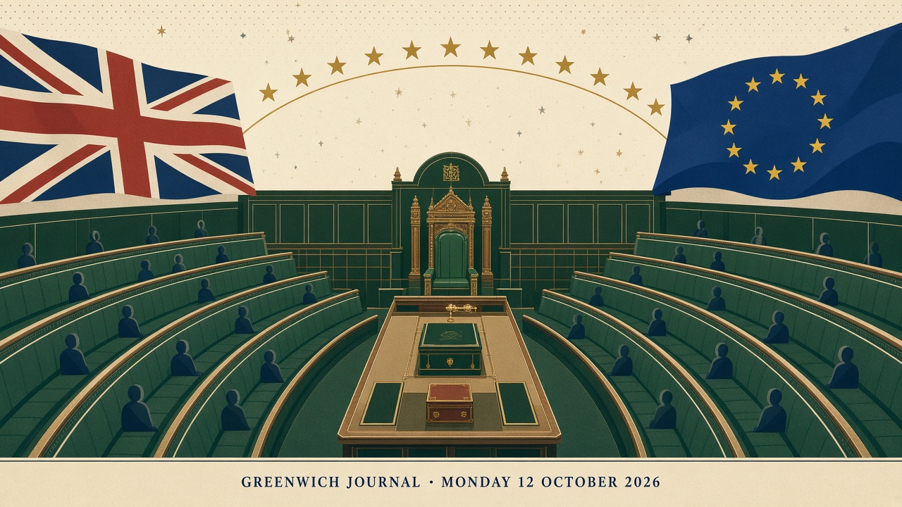 Editorial illustration of the House of Commons chamber with a bridge of gold stars linking the Union Jack and the flag of the European Union