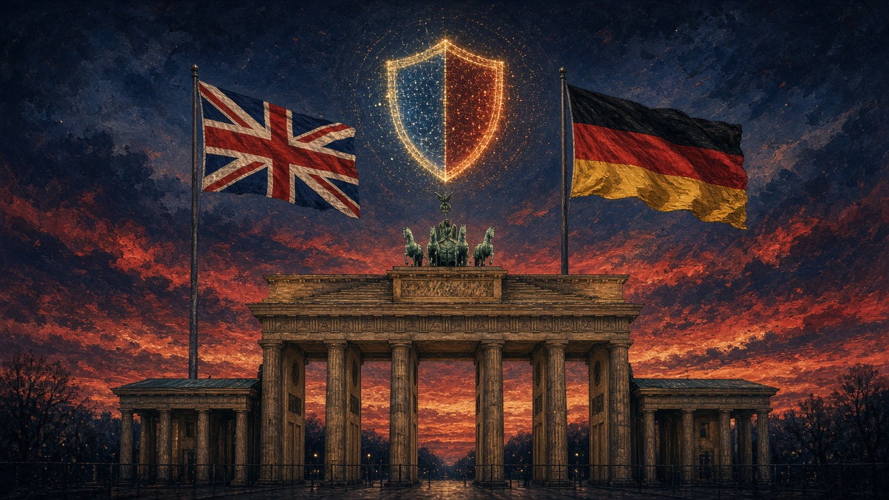 Illustration of the Brandenburg Gate with British and German flags