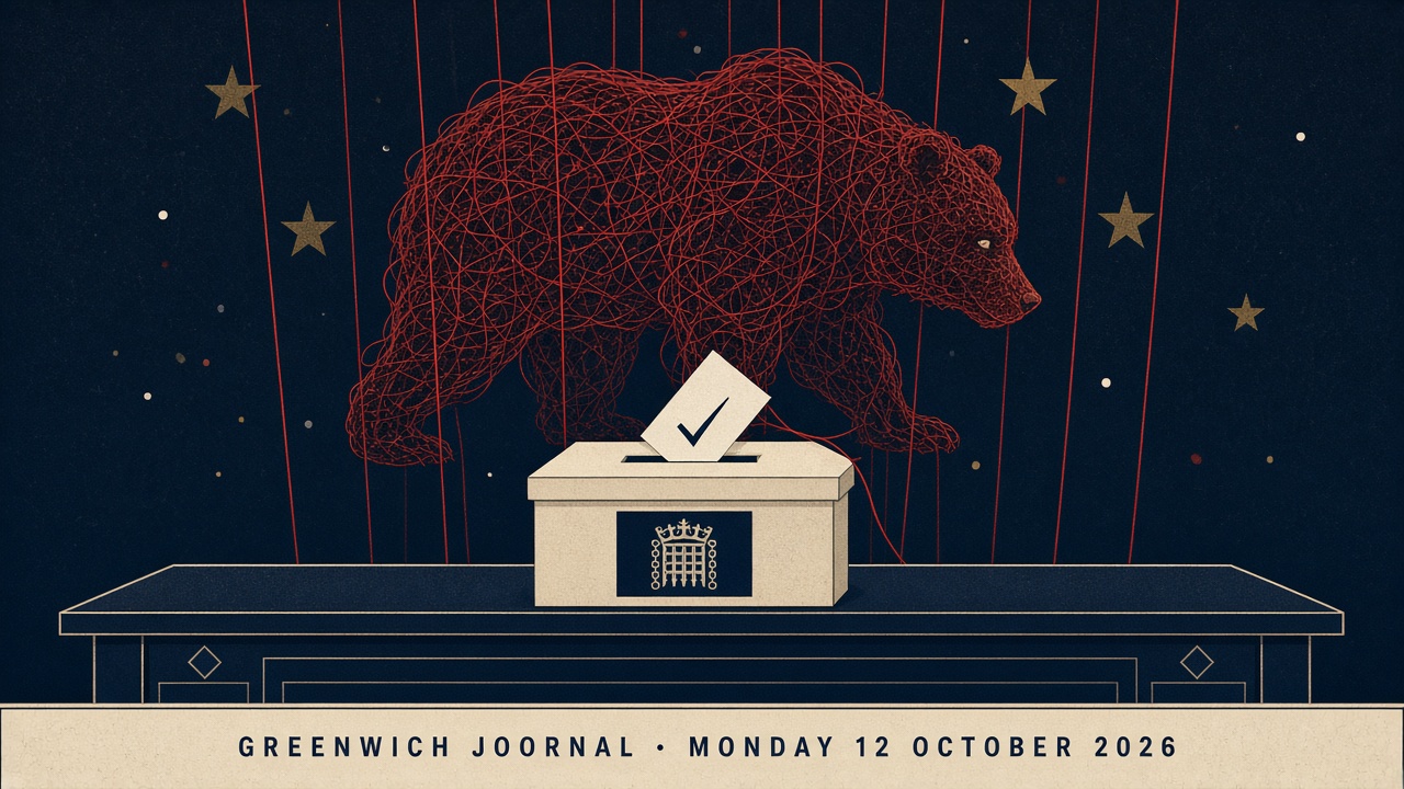 Editorial illustration of a ballot box with the shadow of a bear formed from red threads looming behind it