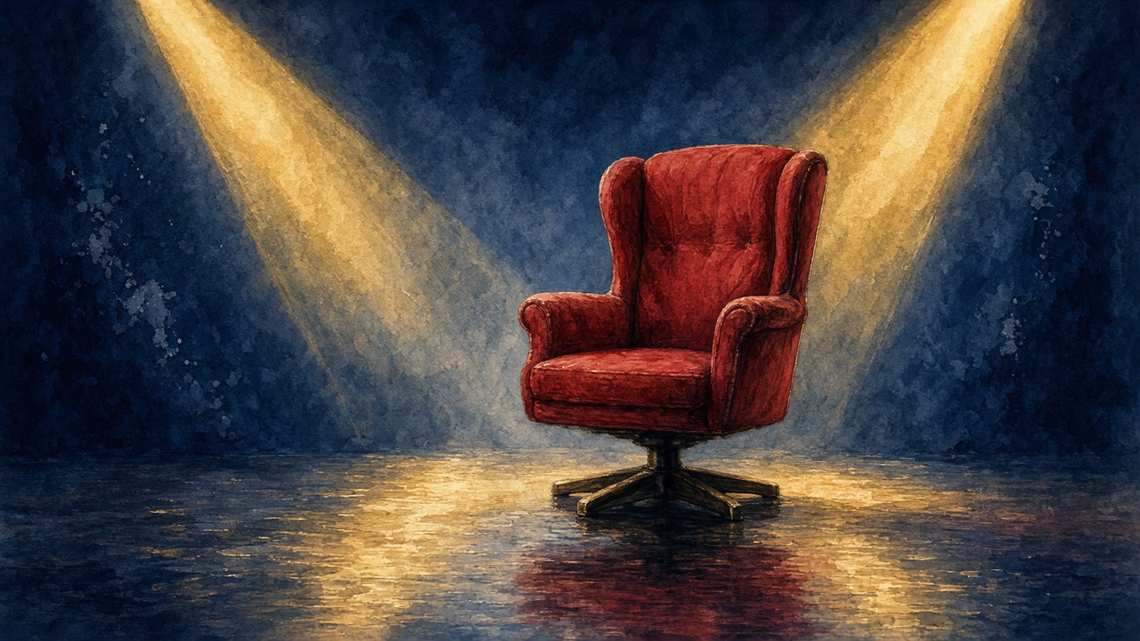 Editorial illustration of a red spinning talent show judge's chair on a stage under spotlights