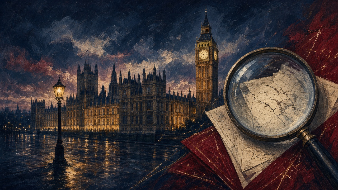 Illustration of the Houses of Parliament with a magnifying glass over documents