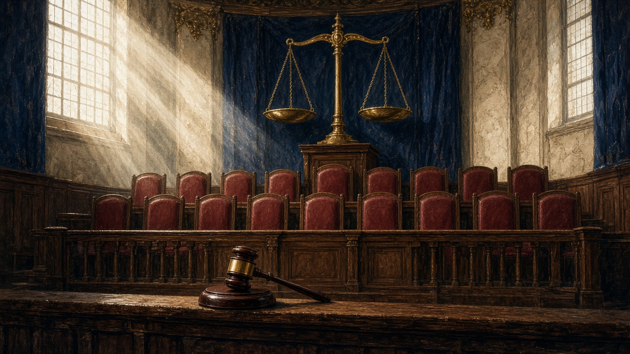 Illustration of an empty jury box in a historic courtroom