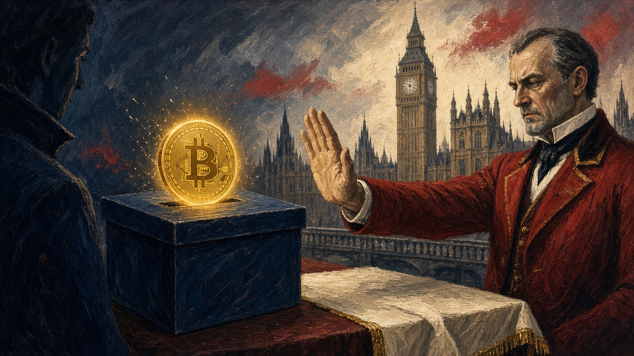 A physical Bitcoin token resting on a ballot box beside a Union Flag, illustrating the ban on cryptocurrency political donations