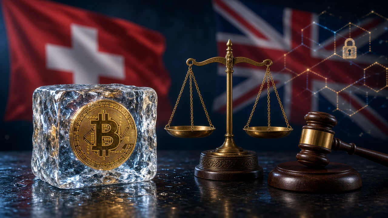 Editorial illustration of a golden Bitcoin frozen inside a block of ice beside the scales of justice, with the Swiss flag and the Union Jack hanging behind