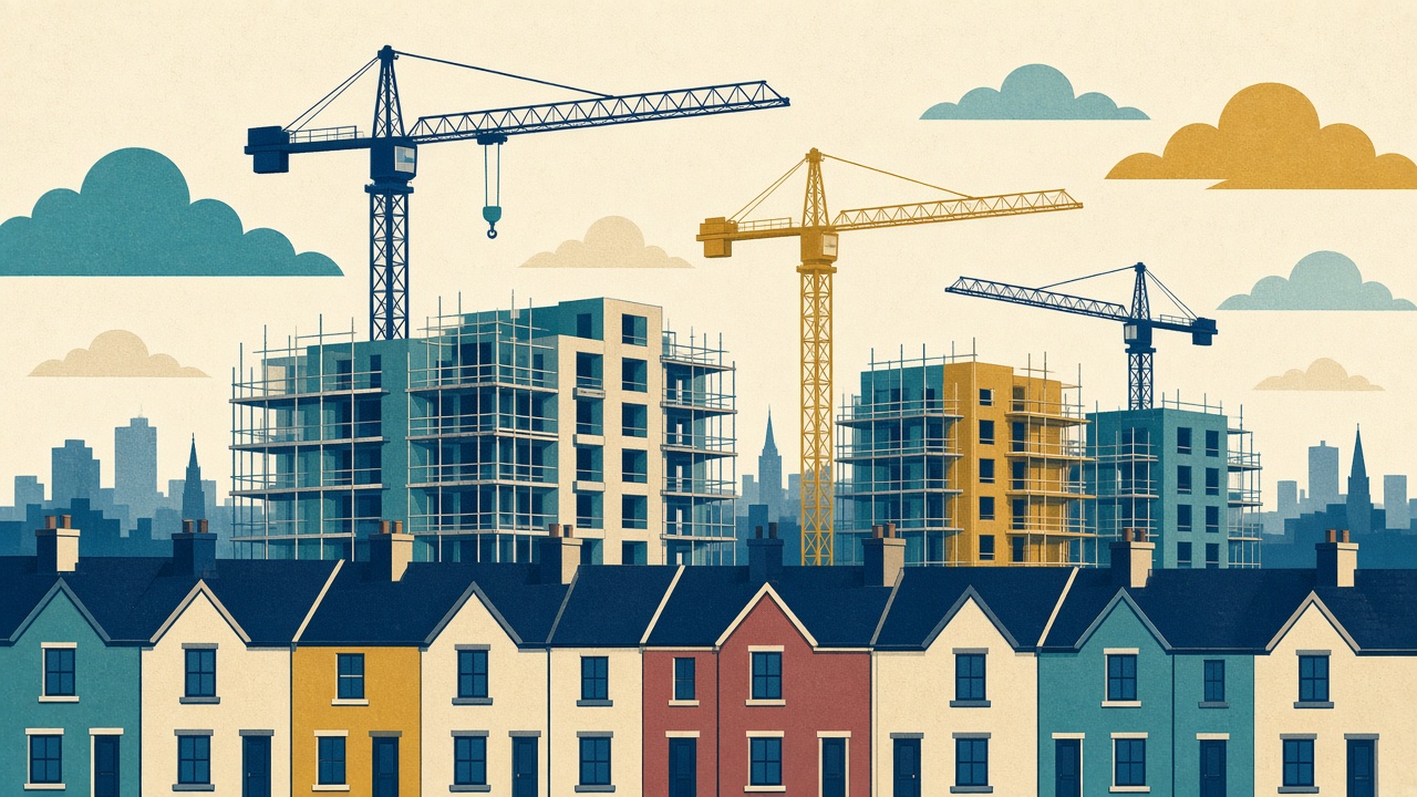 Illustration of construction cranes over new apartment blocks in Dublin