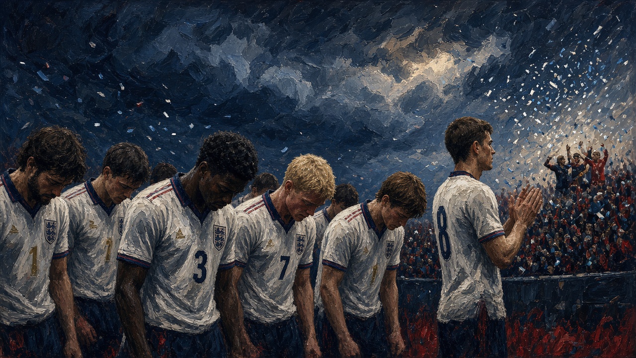 Illustration of dejected England players under a stormy Atlanta sky
