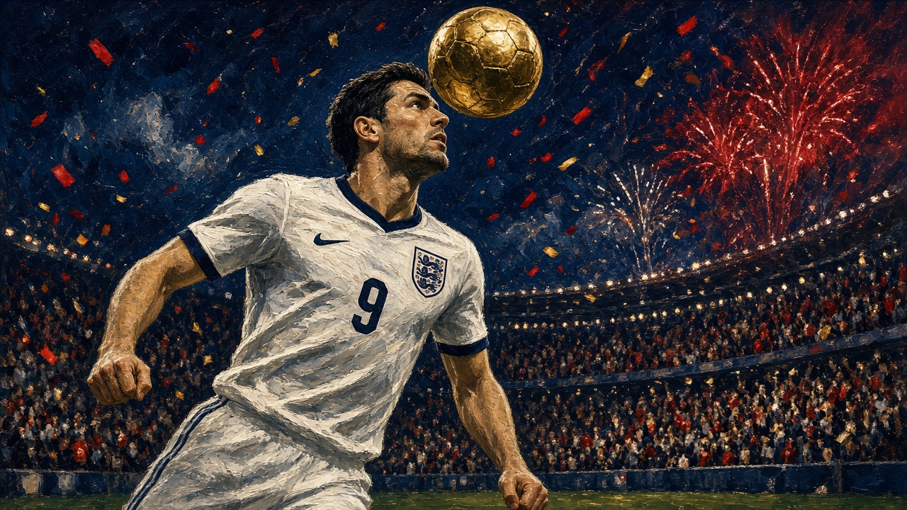 Harry Kane celebrating beneath the floodlights in Atlanta as England supporters erupt in the stands behind him