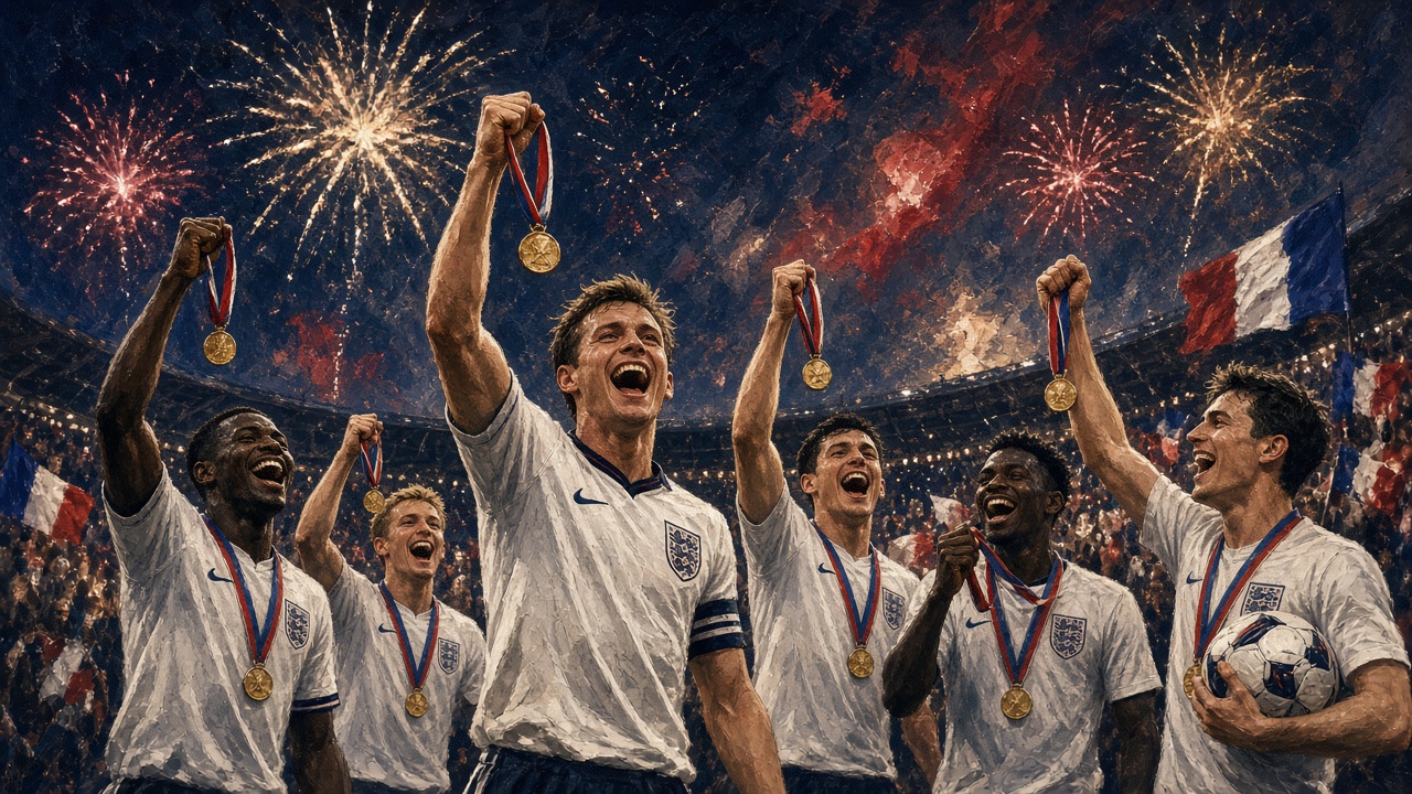Illustration of England players celebrating with bronze medals