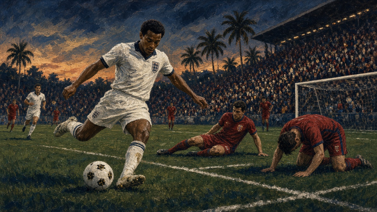 Illustration of an England midfielder celebrating beneath a quarter-final scoreboard