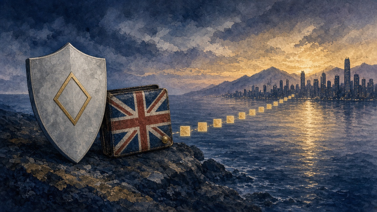 Editorial illustration of a shield bearing the Ethereum diamond symbol guarding a Union Jack wallet, with a blockchain trail leading towards the Hong Kong skyline