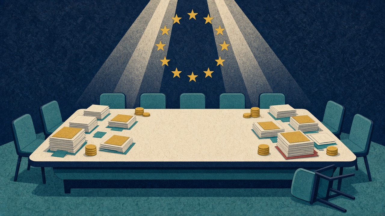 Illustration of a circle of gold stars above a negotiating table with documents and coins