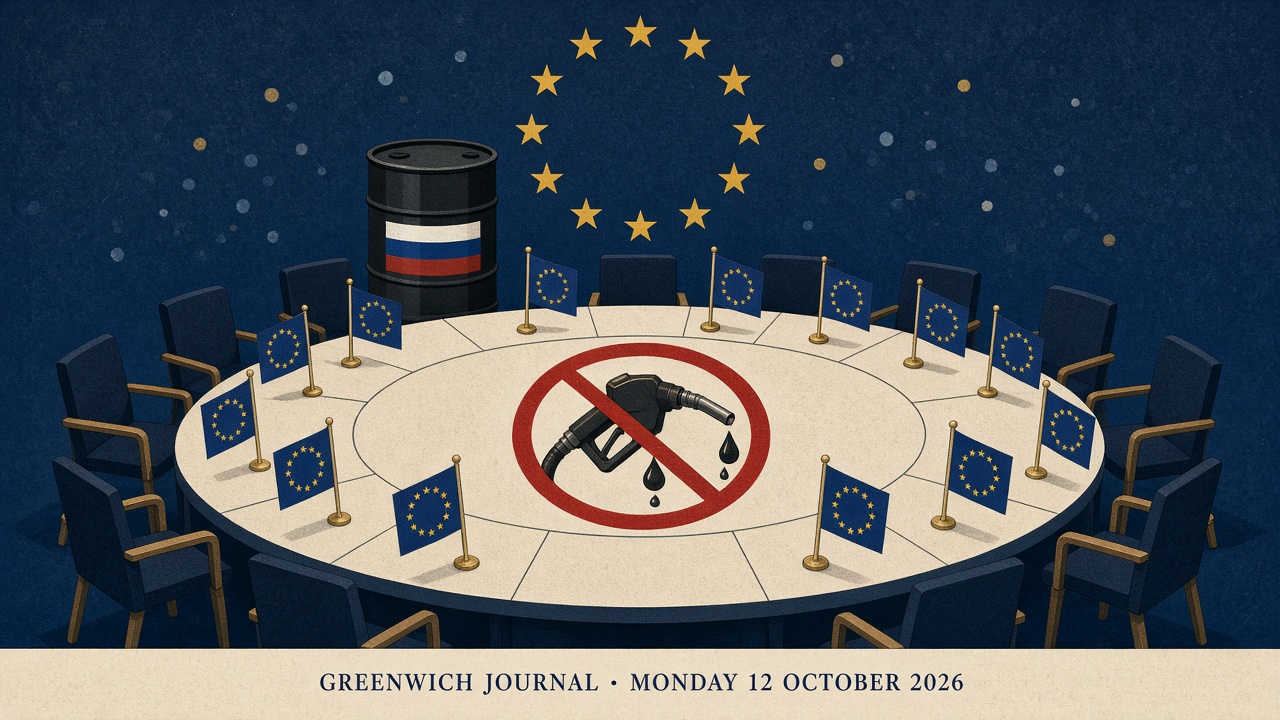Editorial illustration of a round table of EU flags with a diesel nozzle crossed out in red and an oil barrel in Russian colours behind it