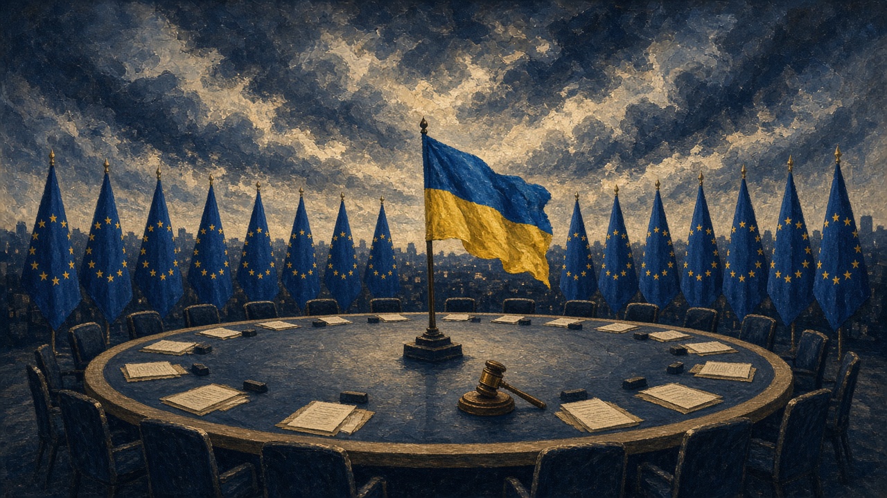 Editorial illustration of a round summit table ringed with European Union flags, the flag of Ukraine at its centre and storm clouds gathering above