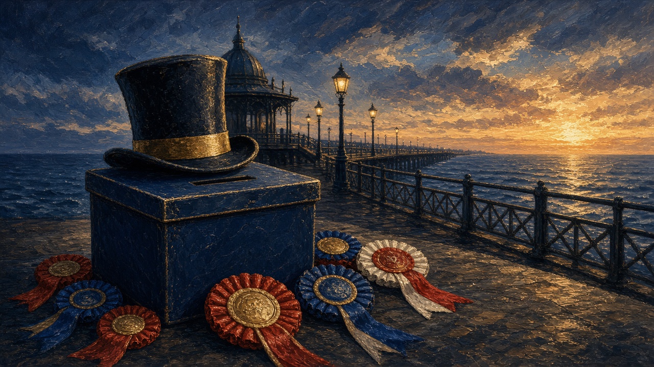 A seaside polling station on the Essex coast in Clacton, with voters arriving beneath bunting and a bright summer sky