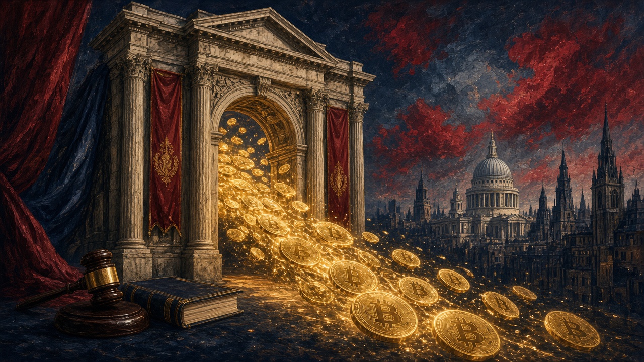 Illustration of digital coins passing through a gateway into the City