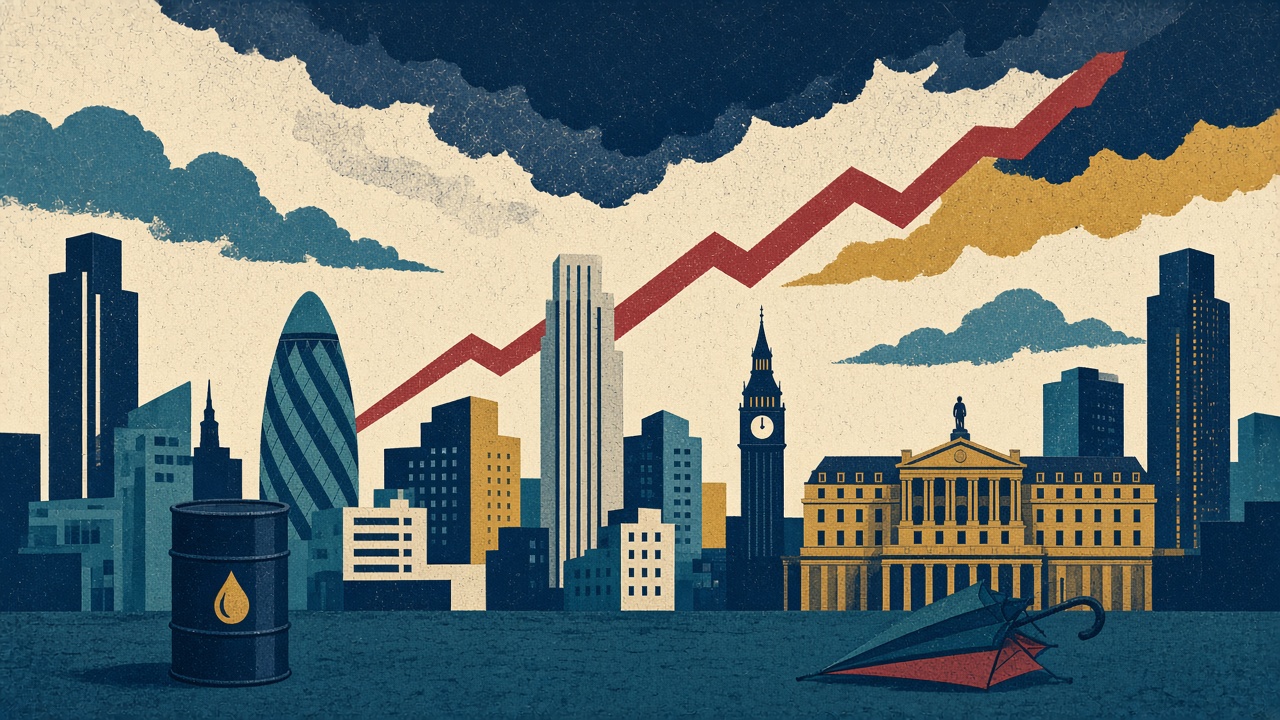 Illustration of the City of London skyline beneath a steeply rising graph line and dark storm clouds