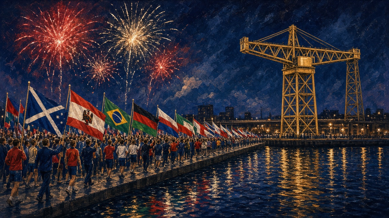 Fireworks above the stadium in Glasgow as athletes parade during the Commonwealth Games opening ceremony
