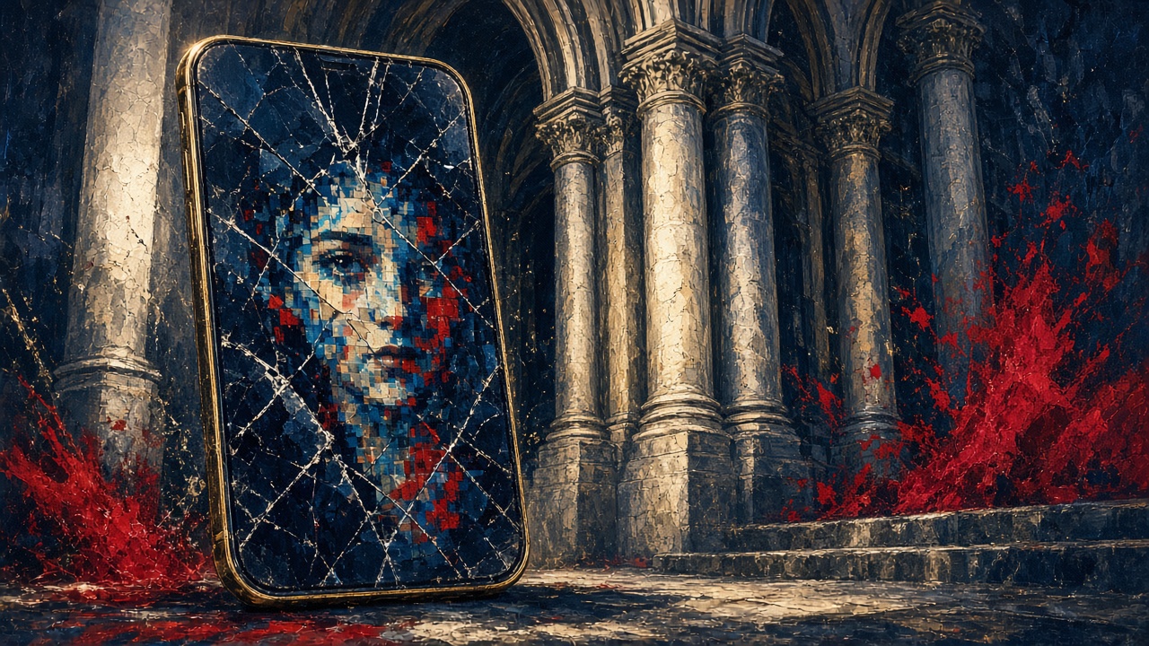 Illustration of a cracked phone screen before the Royal Courts of Justice