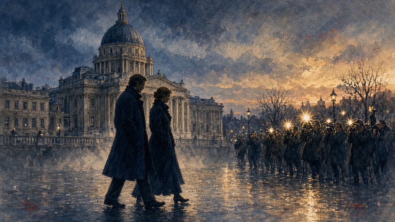 Editorial illustration of a couple silhouetted against the Nottingham Council House beneath a bank of flashing cameras