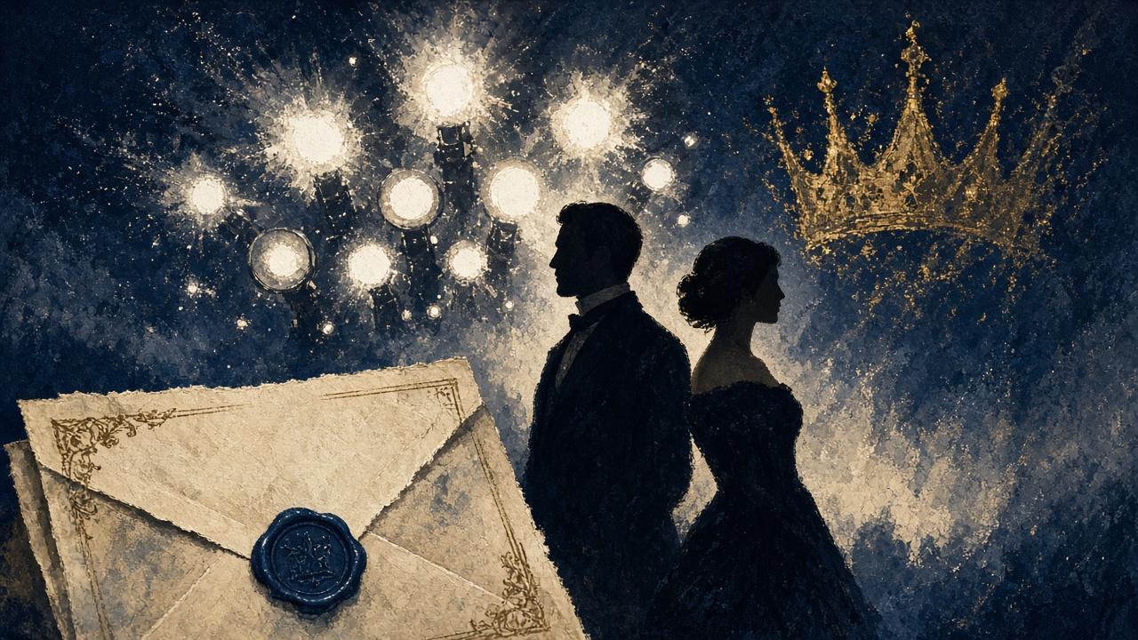 Editorial illustration of a formally dressed couple silhouetted beneath flashing camera bulbs with a wax-sealed letter in the foreground and a faint crown dissolving into the sky