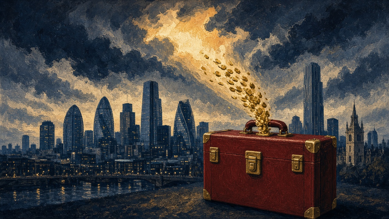 Editorial illustration of the City of London skyline with a red Budget briefcase drawing a stream of gold coins from the bank towers