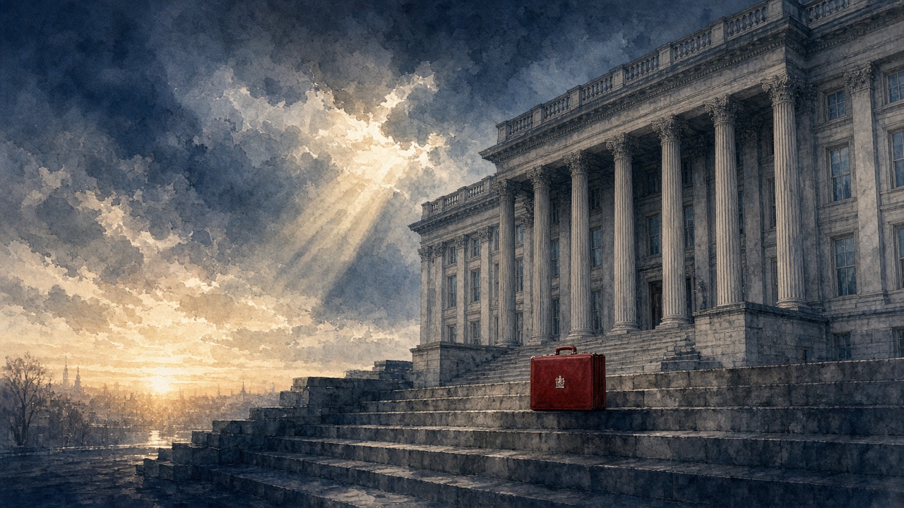 Editorial illustration of the Treasury building at dawn with a red Budget briefcase on its steps and storm clouds parting overhead