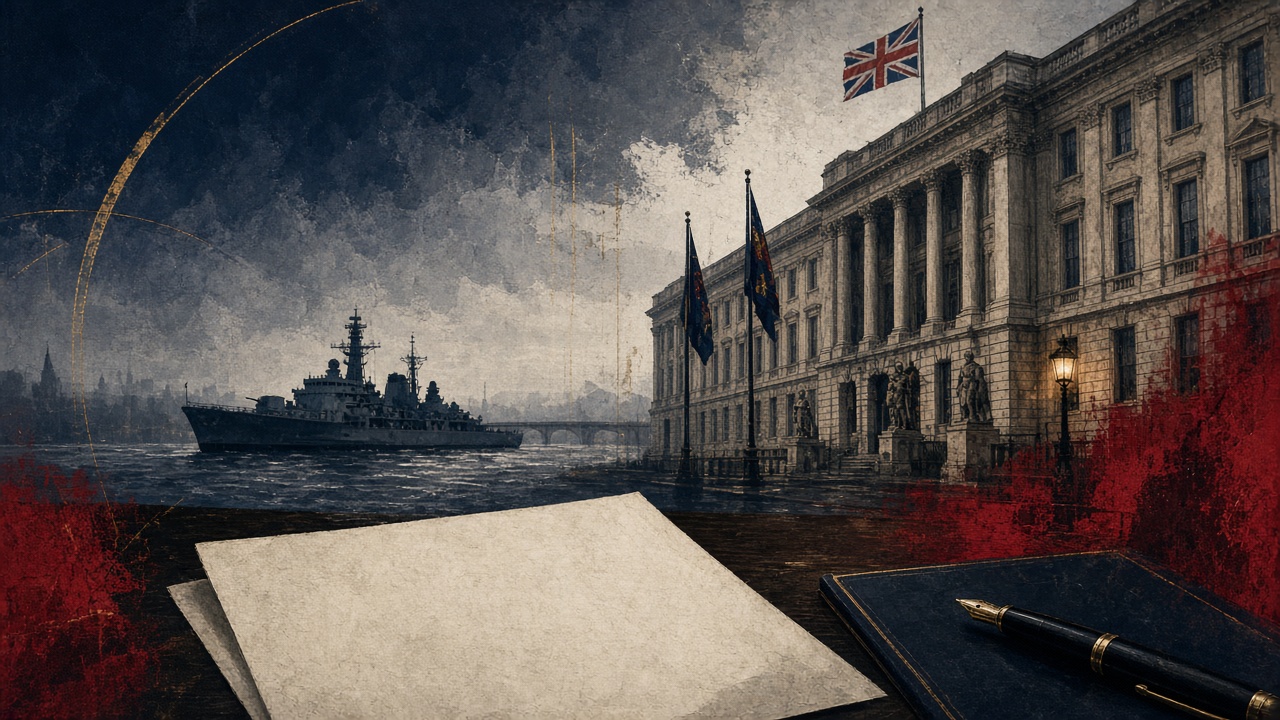 The Ministry of Defence building in Whitehall at dusk, its windows lit above the statues of the service memorials