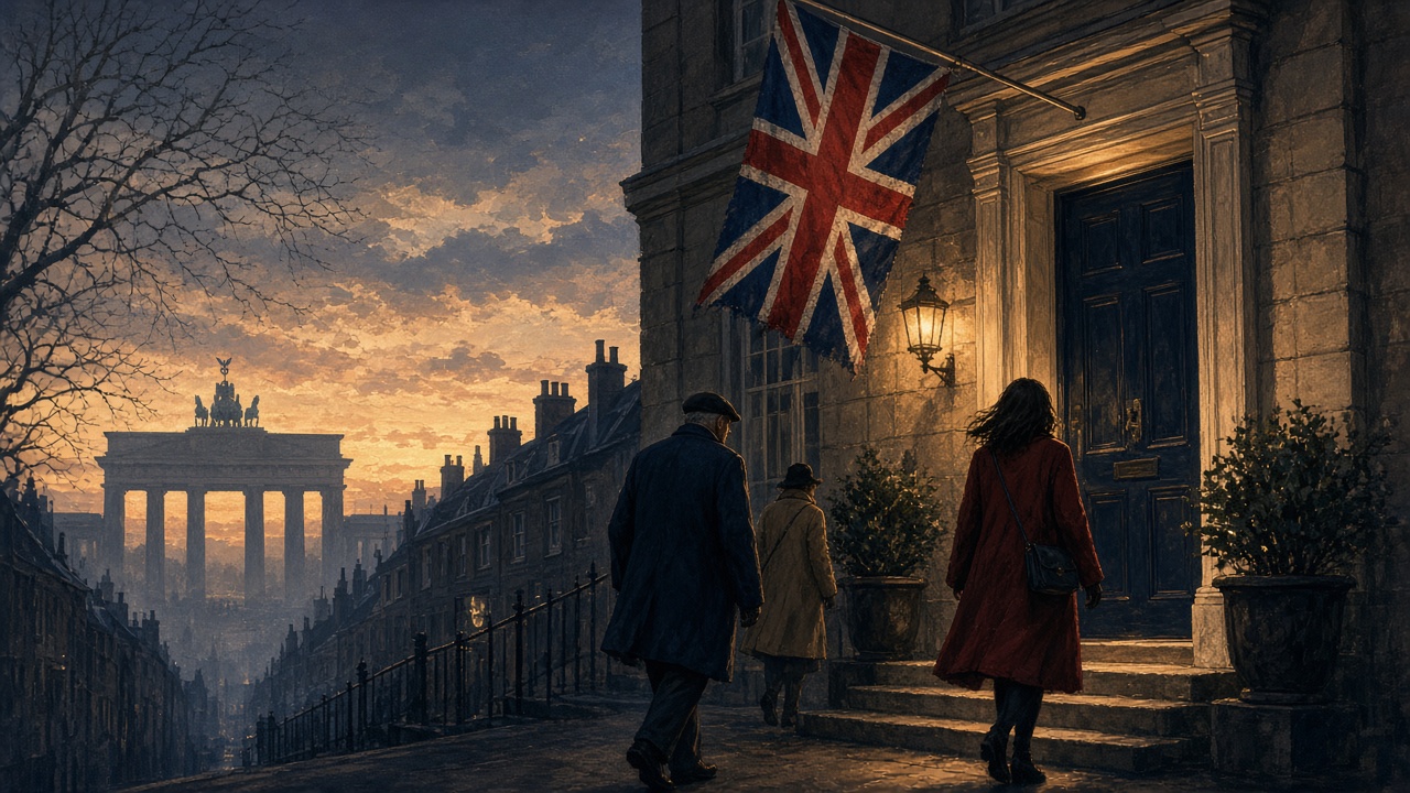 Illustration of a London polling station at dawn with the Berlin skyline on the horizon