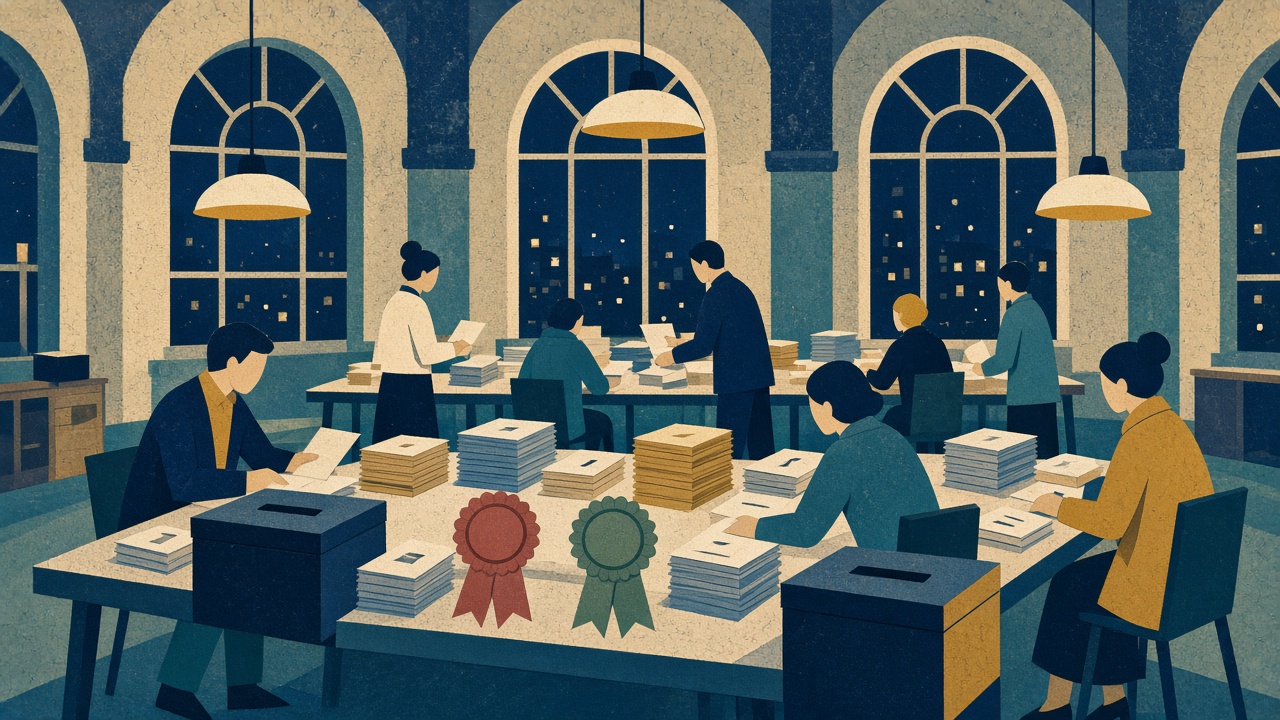 Illustration of a late night vote count with ballot boxes and red and green rosettes on the counting tables