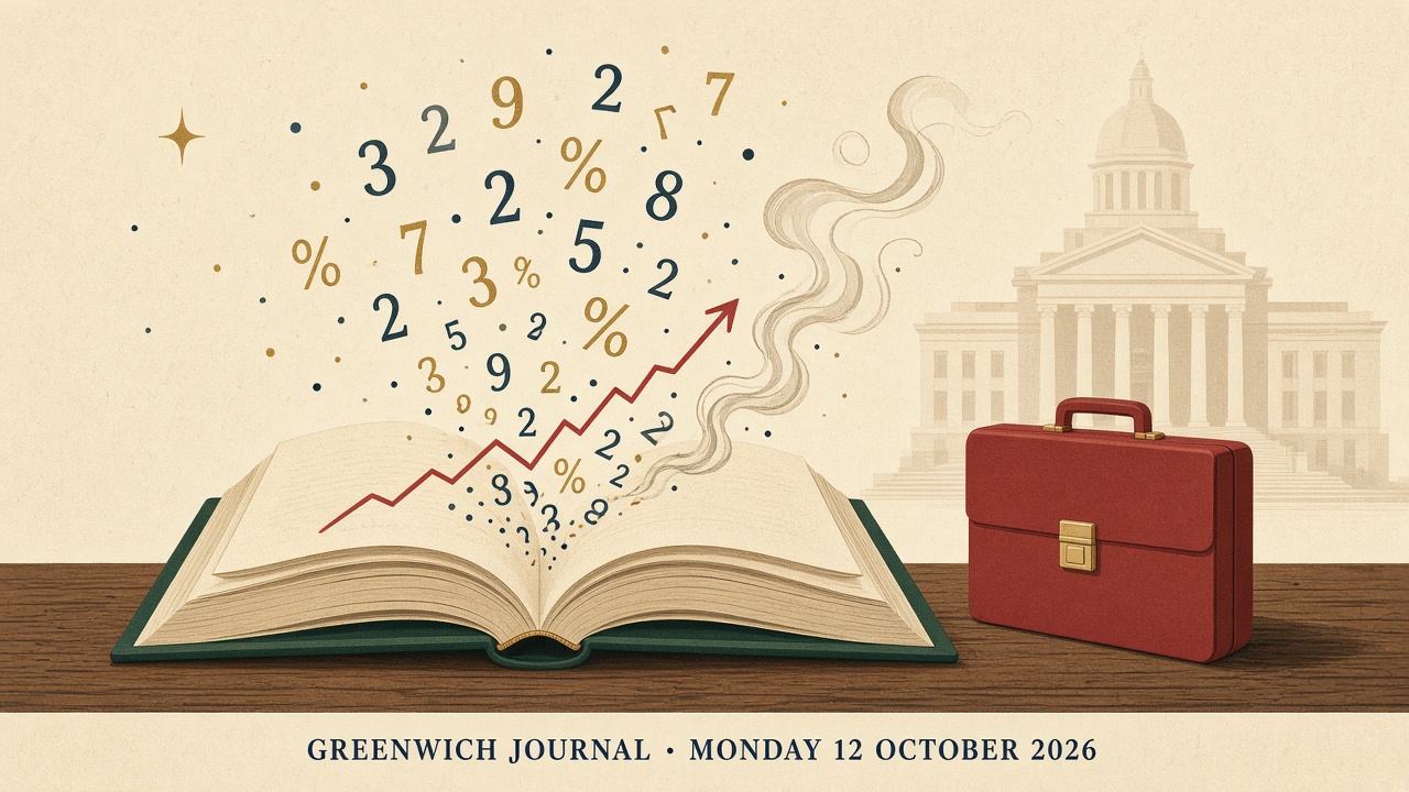 Editorial illustration of a green budget book whose pages release floating numbers and a dissolving red graph line, beside a red briefcase