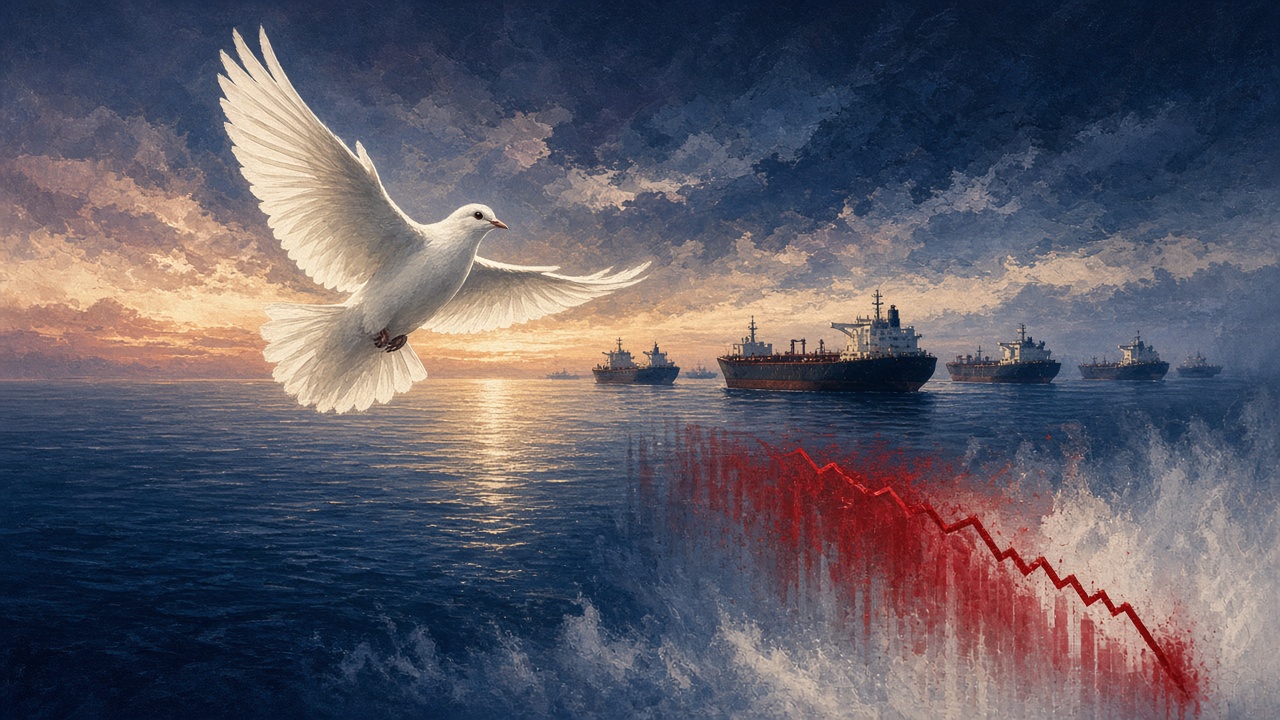 Oil tankers anchored in the Strait of Hormuz at dawn, with naval vessels on the horizon under a pale orange sky