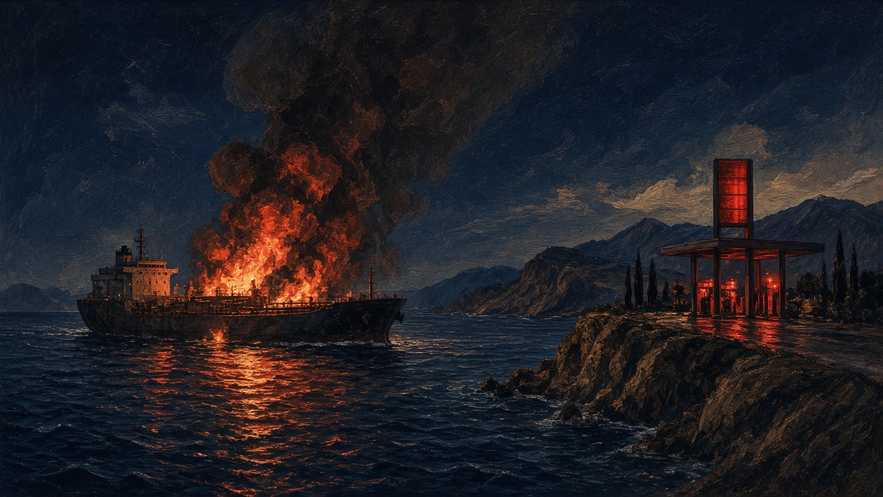 Smoke rising from a commercial tanker in the Strait of Hormuz as a naval escort vessel approaches through hazy waters