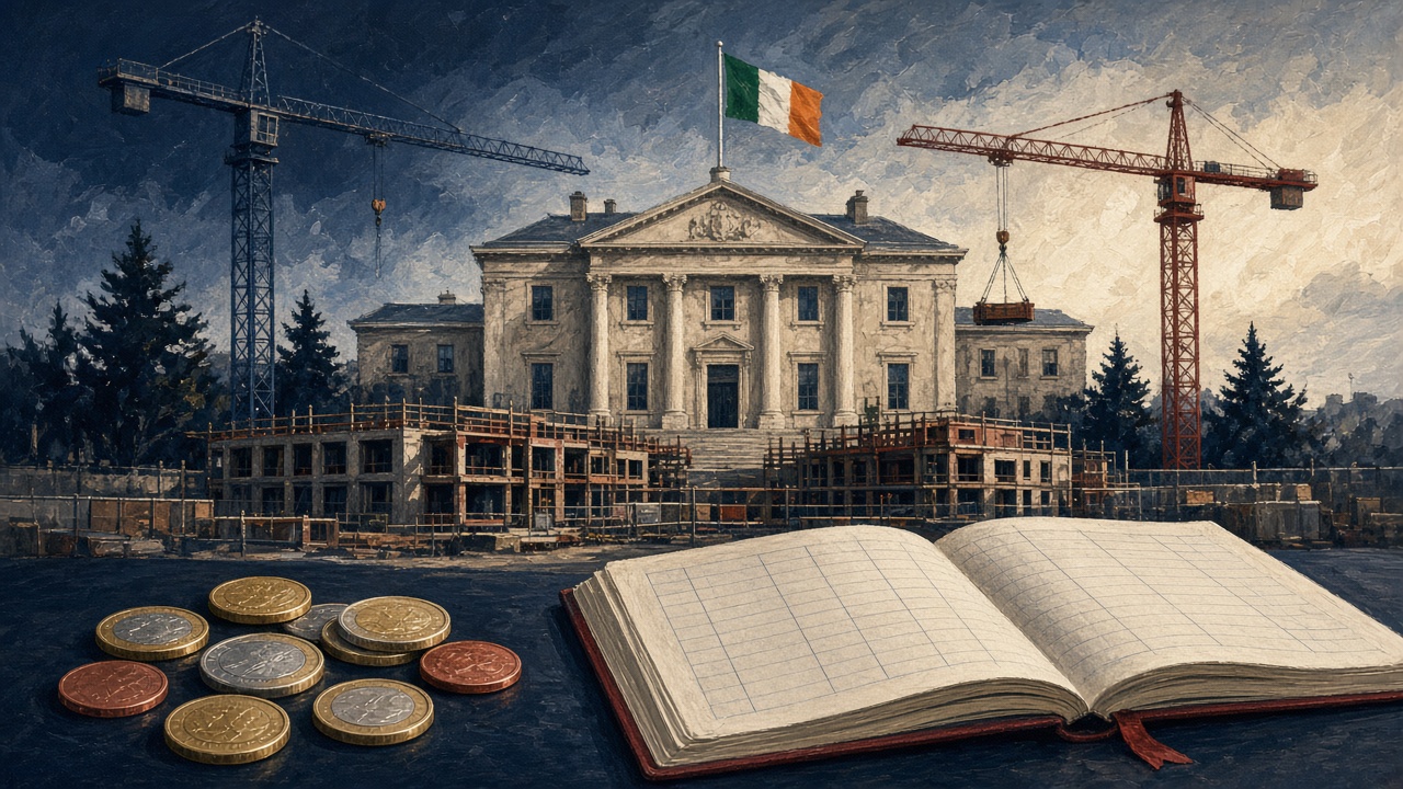Illustration of Leinster House with construction cranes