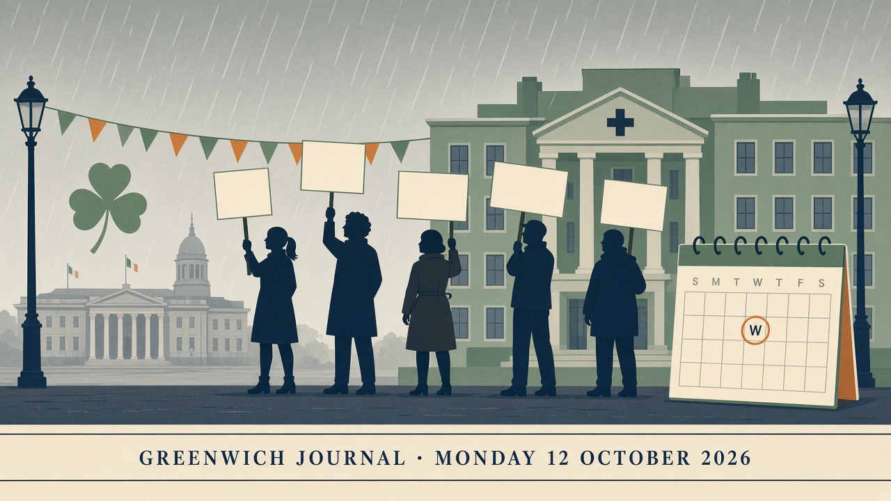 Editorial illustration of a picket line outside a hospital with a calendar marking a Wednesday, and the Irish parliament in the background