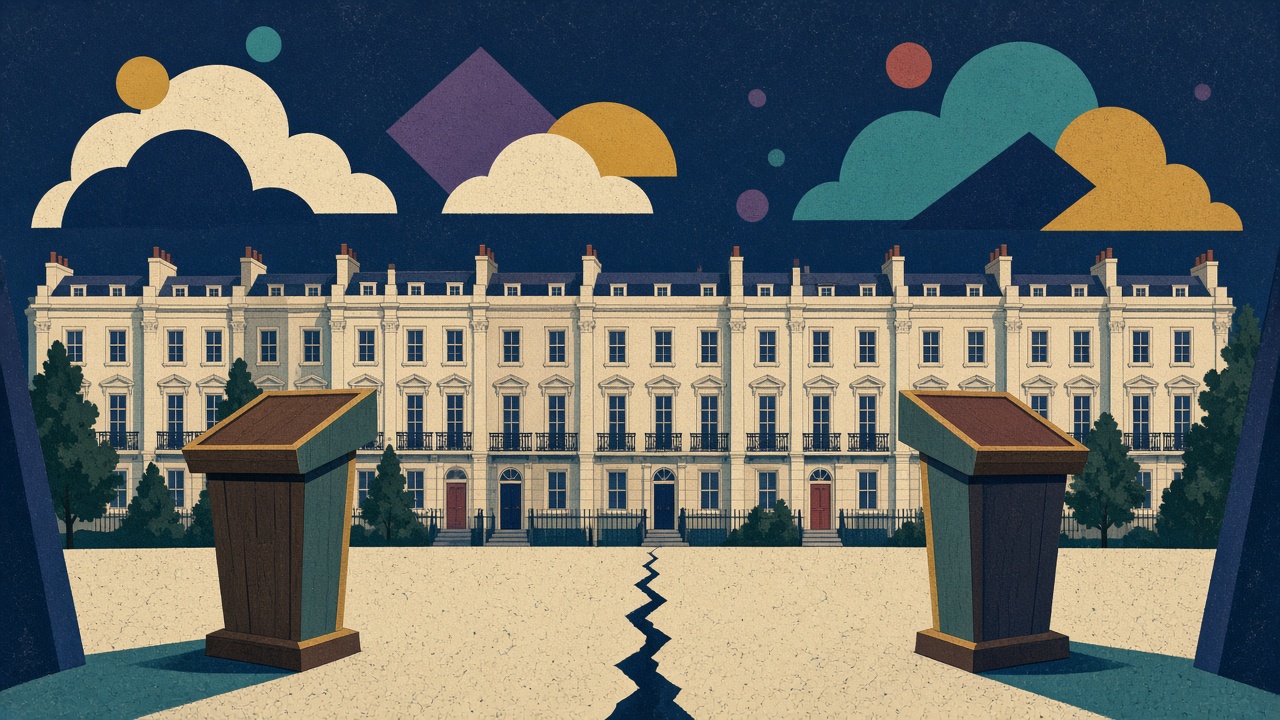 Illustration of two lecterns facing away from each other in front of Westminster townhouses