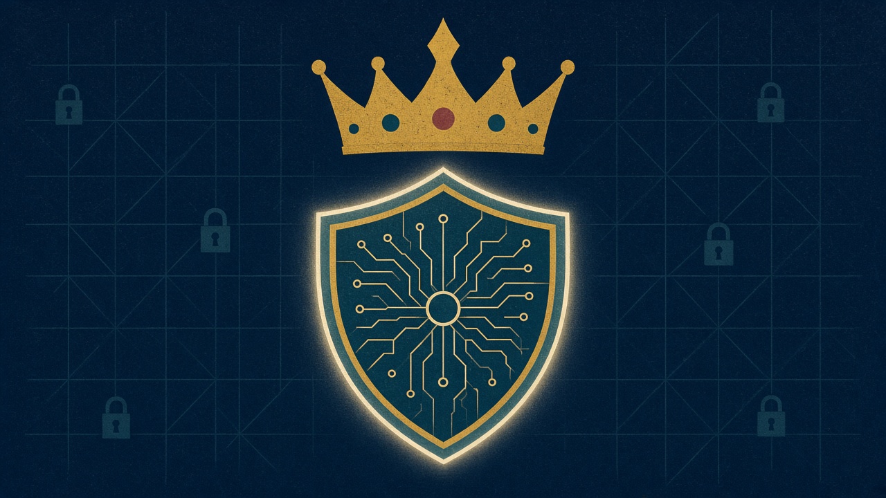 Illustration of a crown above a glowing digital shield and circuit pattern