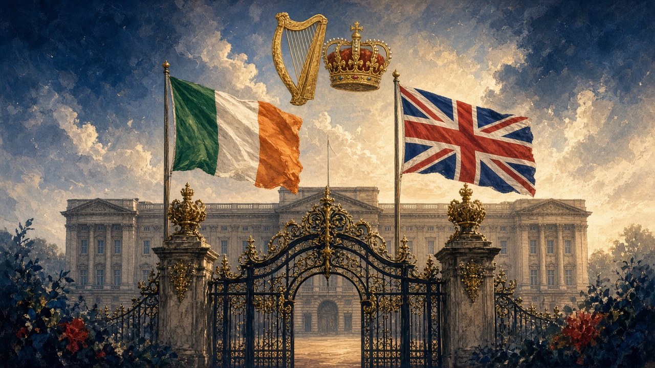 Illustration of Buckingham Palace with Irish and British flags