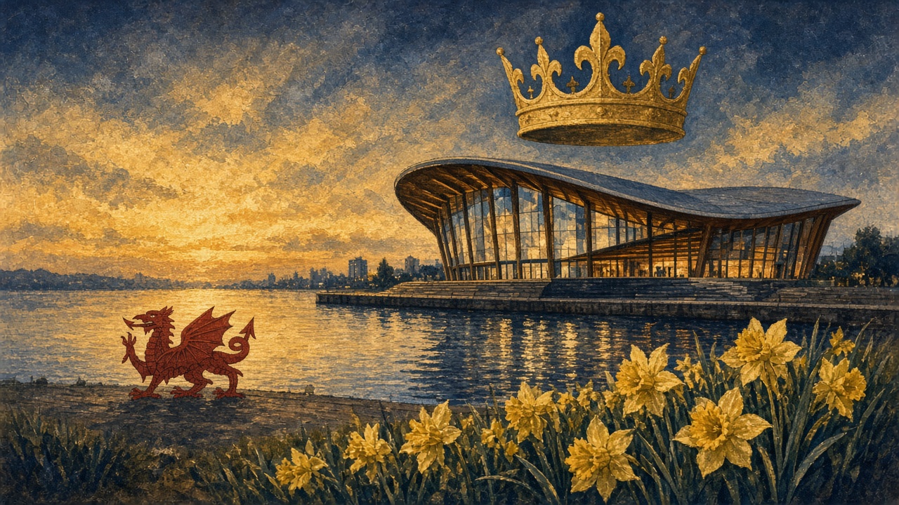 Editorial illustration of the Senedd building on Cardiff Bay beneath a golden crown, with a red dragon on the waterfront and daffodils in the foreground