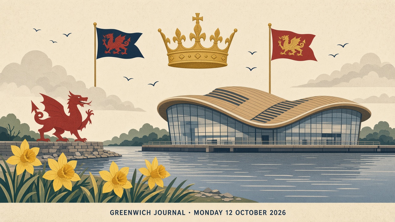 Editorial illustration of the Senedd building in Cardiff Bay beneath a golden crown, with a red dragon on the waterfront and daffodils in the foreground