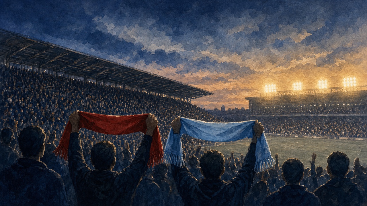 Editorial illustration of Anfield under floodlights with red and sky blue scarves side by side on the Kop at dusk