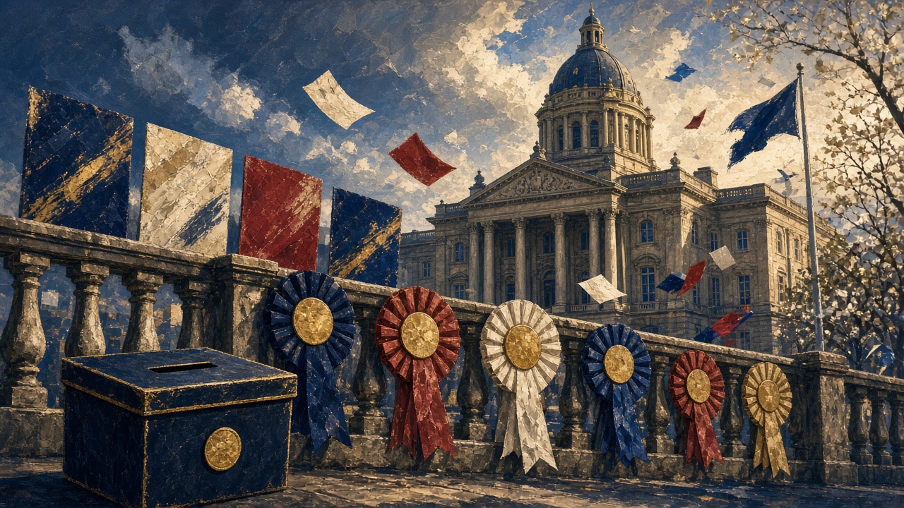 Illustration of party campaign battlebuses on a high street